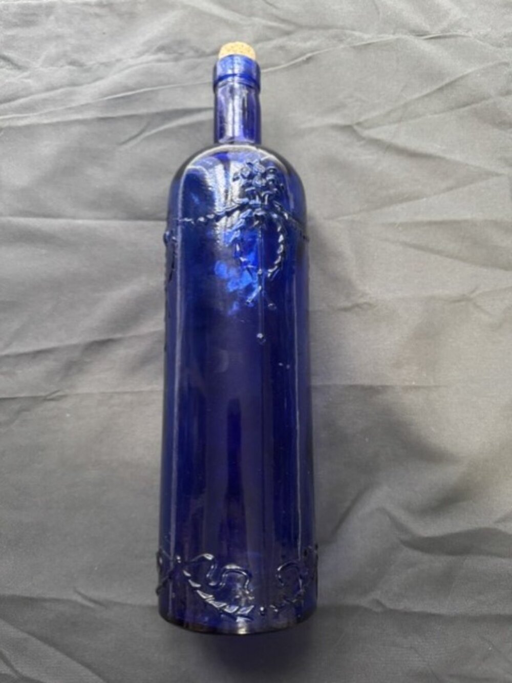 Vintage Cobalt  Blue Glass Embossed Bottle 12"  Flowers and Basket Design w Cork